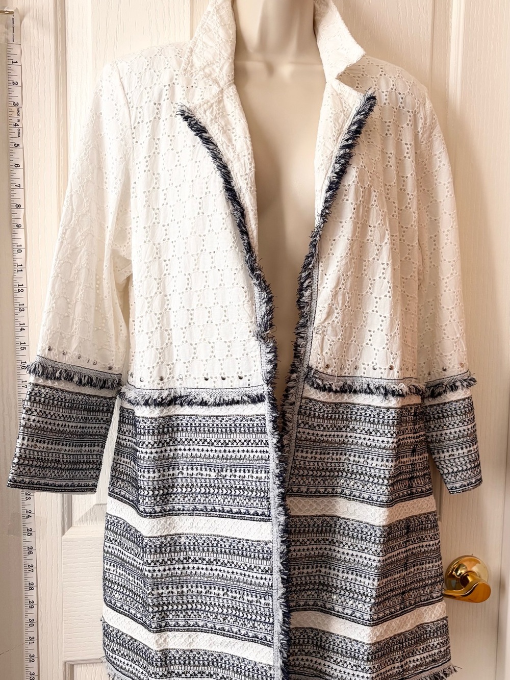 Chico's White and Navy Fringe Tunic Jacket